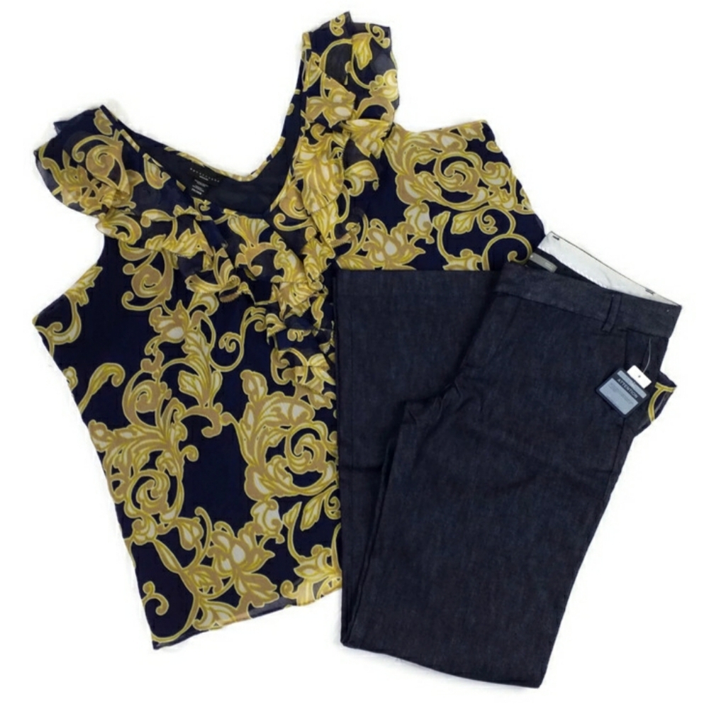 Vintage Apostrophe Blue Brocade Print Sleeveless Ruffled Blouse Womens 24/26W